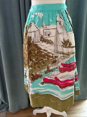 Women's Teal and Pink Scenic Print Midi Skirt